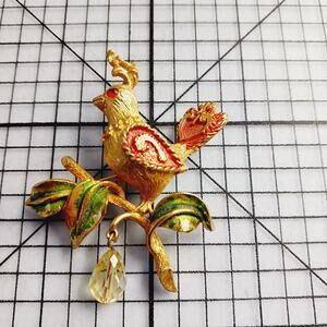 Brooch PIN VTG MYLU Gold Tone Bird Partridge Pear Tree Enamel Rhinestone Crystal